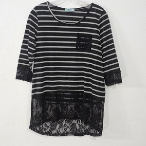 Selfee Black and White Striped Lace Accent Top